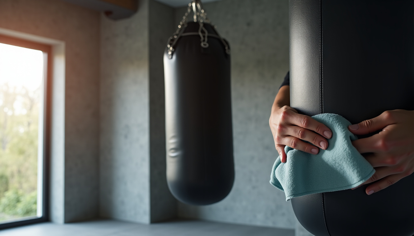 Nettoyage d’un sac de frappe suspendu avec un chiffon humide