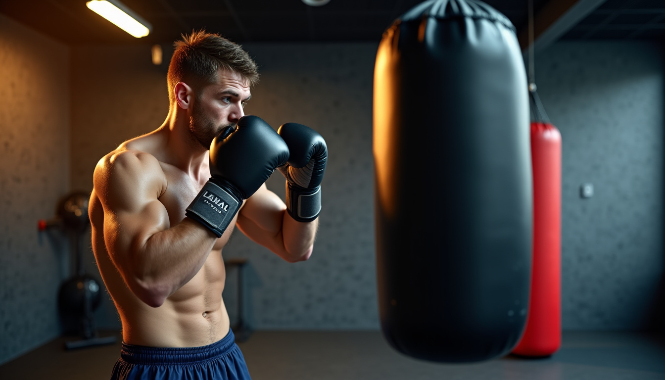 Pratiquant utilisant un sac de frappe suspendu, en pleine séance d’entraînement
