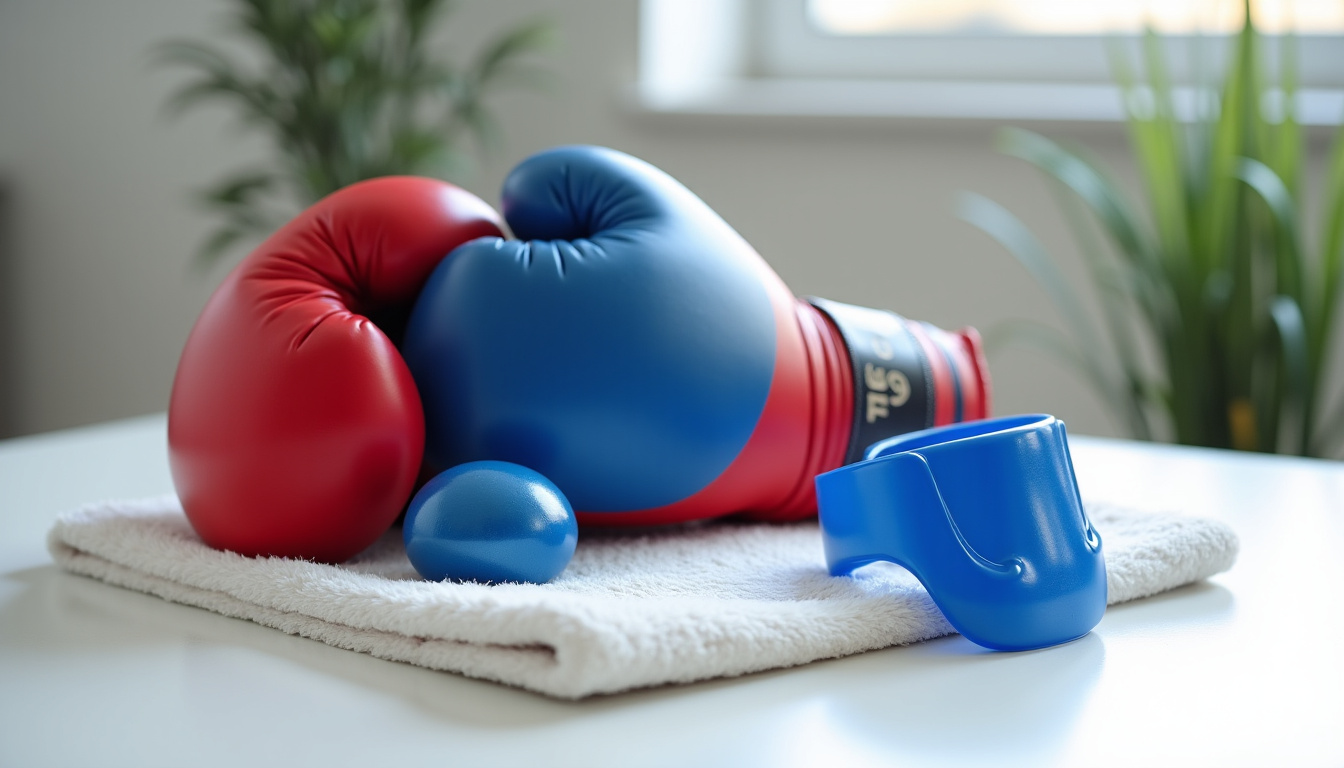 Présentation du matériel de boxe: gants, bandeau, protège-dents et coquille
