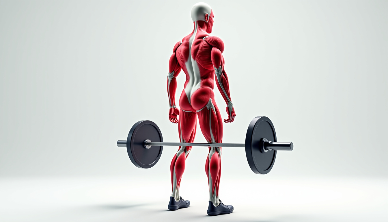 Représentation anatomique des muscles sollicités lors du soulevé de terre jambes tendues: ischio-jambiers, fessiers et érecteurs du rachis