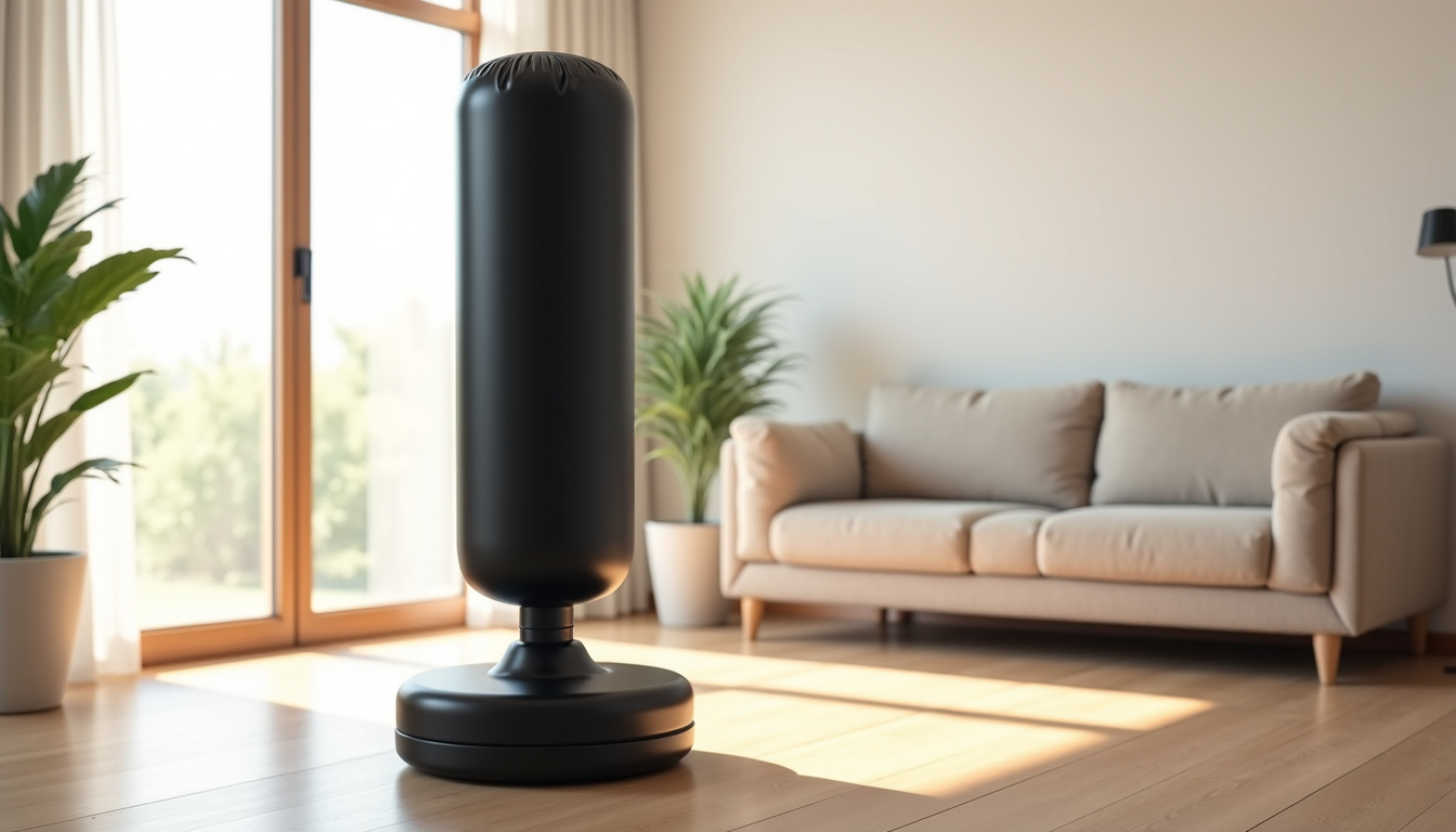 Sac de frappe sur pied installé dans un salon, avec base remplie d