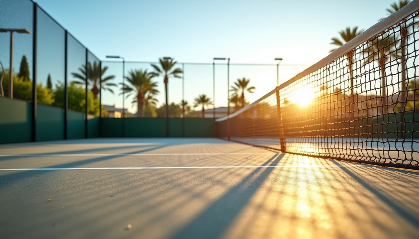 Terrain de padel extérieur entouré de murs vitrés et de grillages