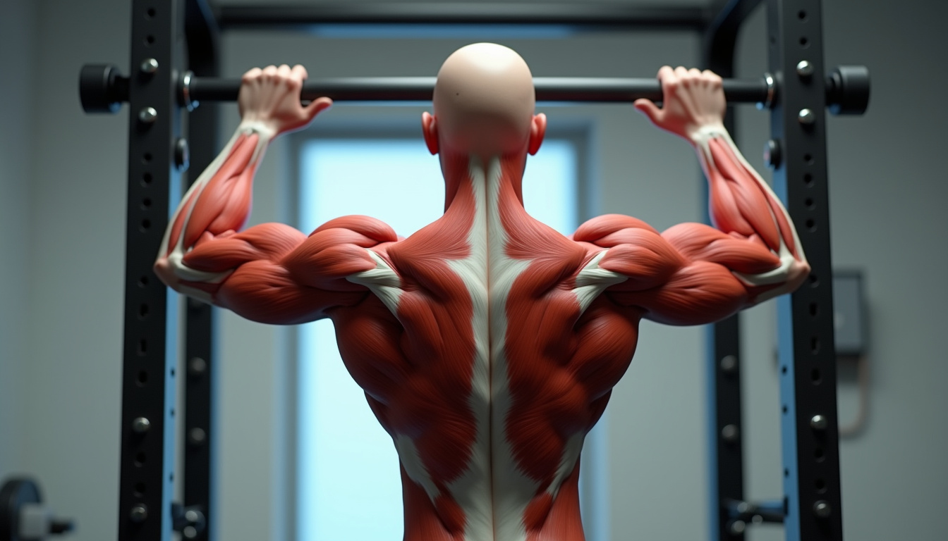 Schéma des muscles sollicités lors du tirage vertical: grand dorsal, trapèzes, rhomboïdes, biceps
