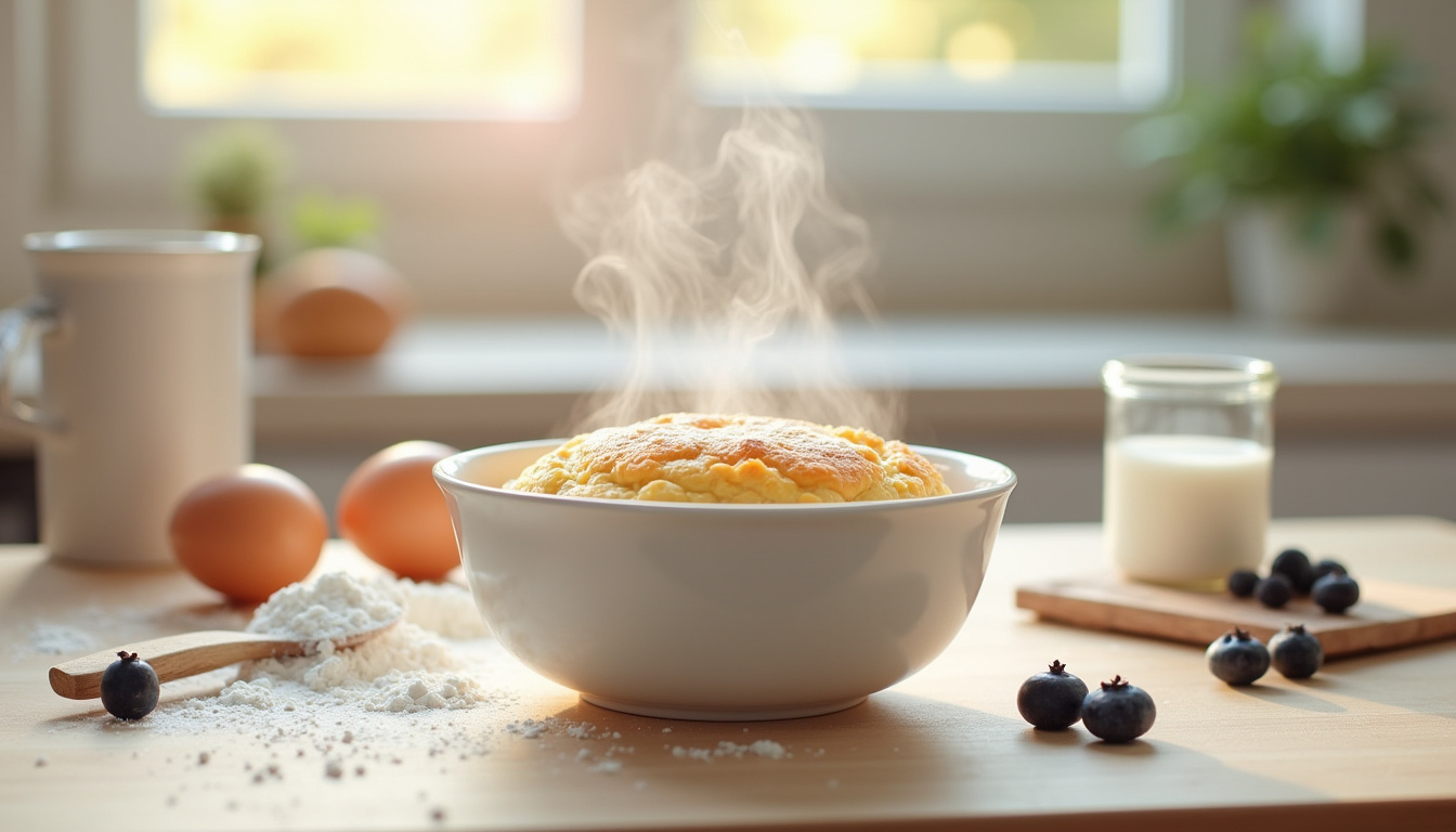 Étapes de préparation du bowl cake dans un bol avec les ingrédients disposés autour