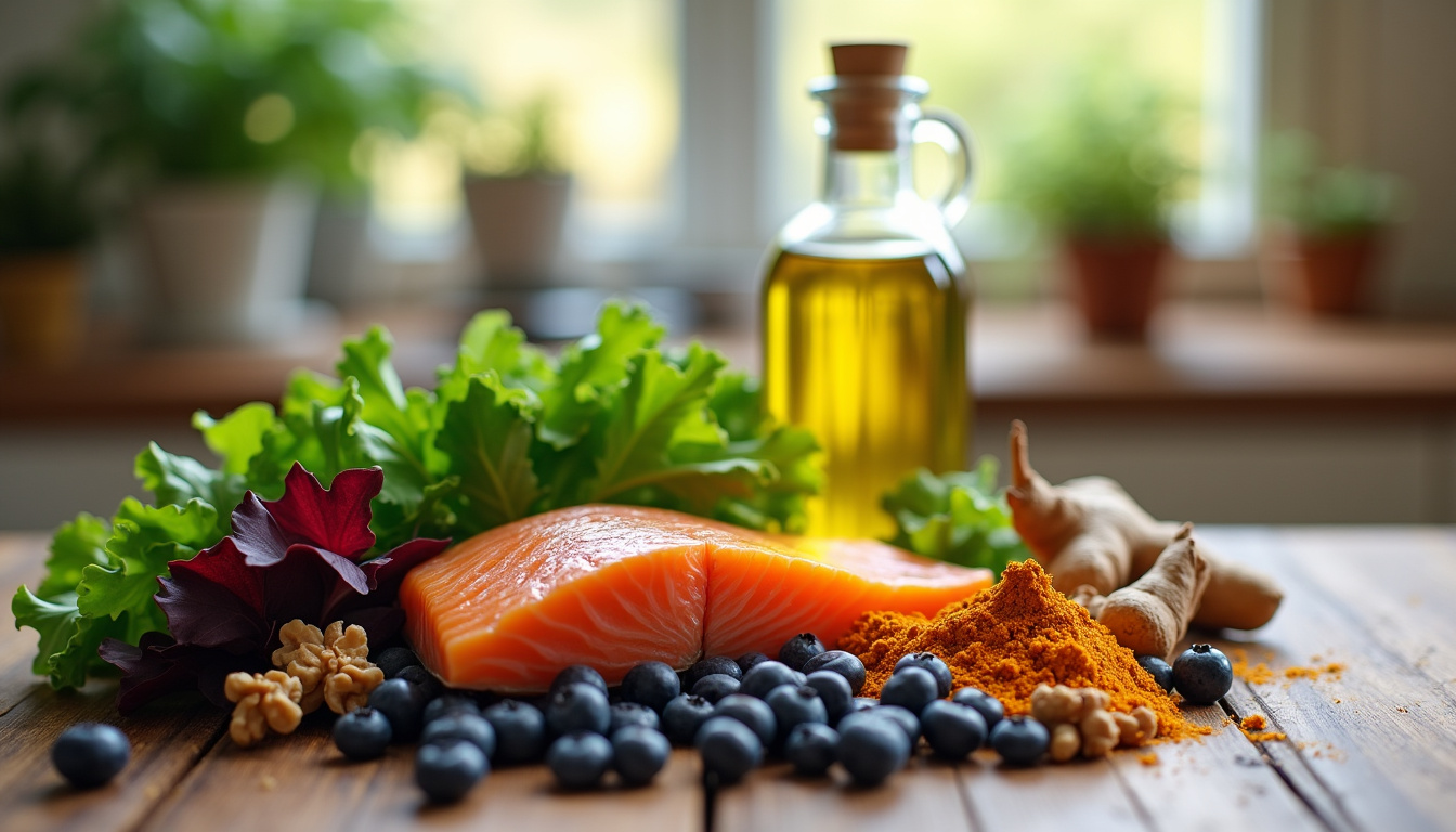 Tableau illustré des aliments anti-inflammatoires: légumes, fruits, poissons, oléagineux, épices