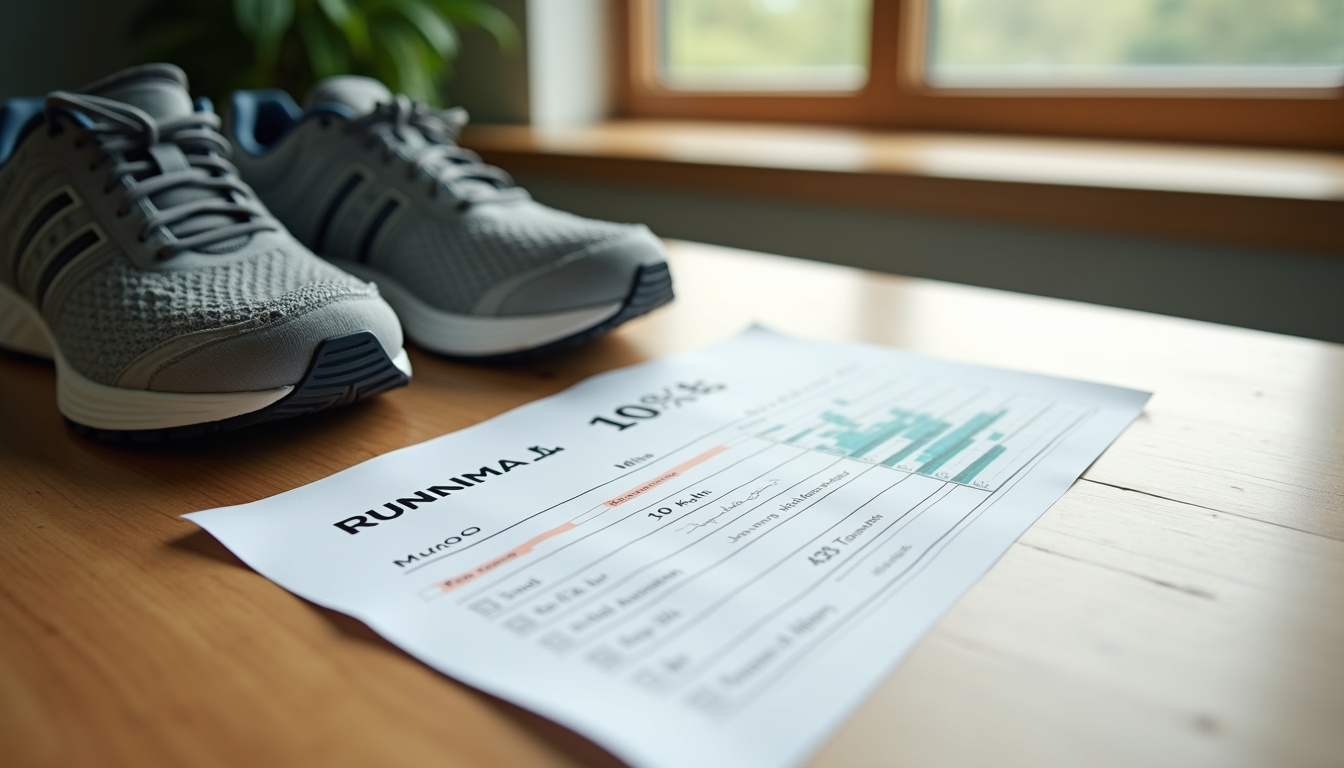 Tableau imprimé affichant les équivalences entre allure en min/km et vitesse en km/h, posé sur une table avec des chaussures de running
